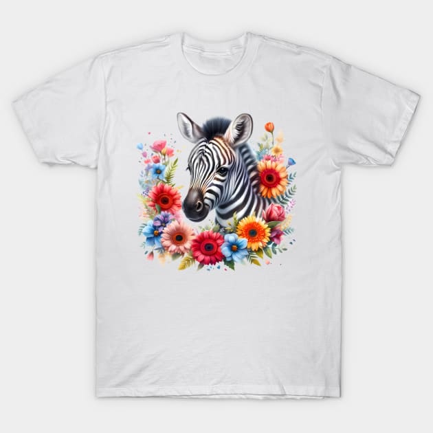 A baby zebra decorated with beautiful colorful flowers. T-Shirt by CreativeSparkzz